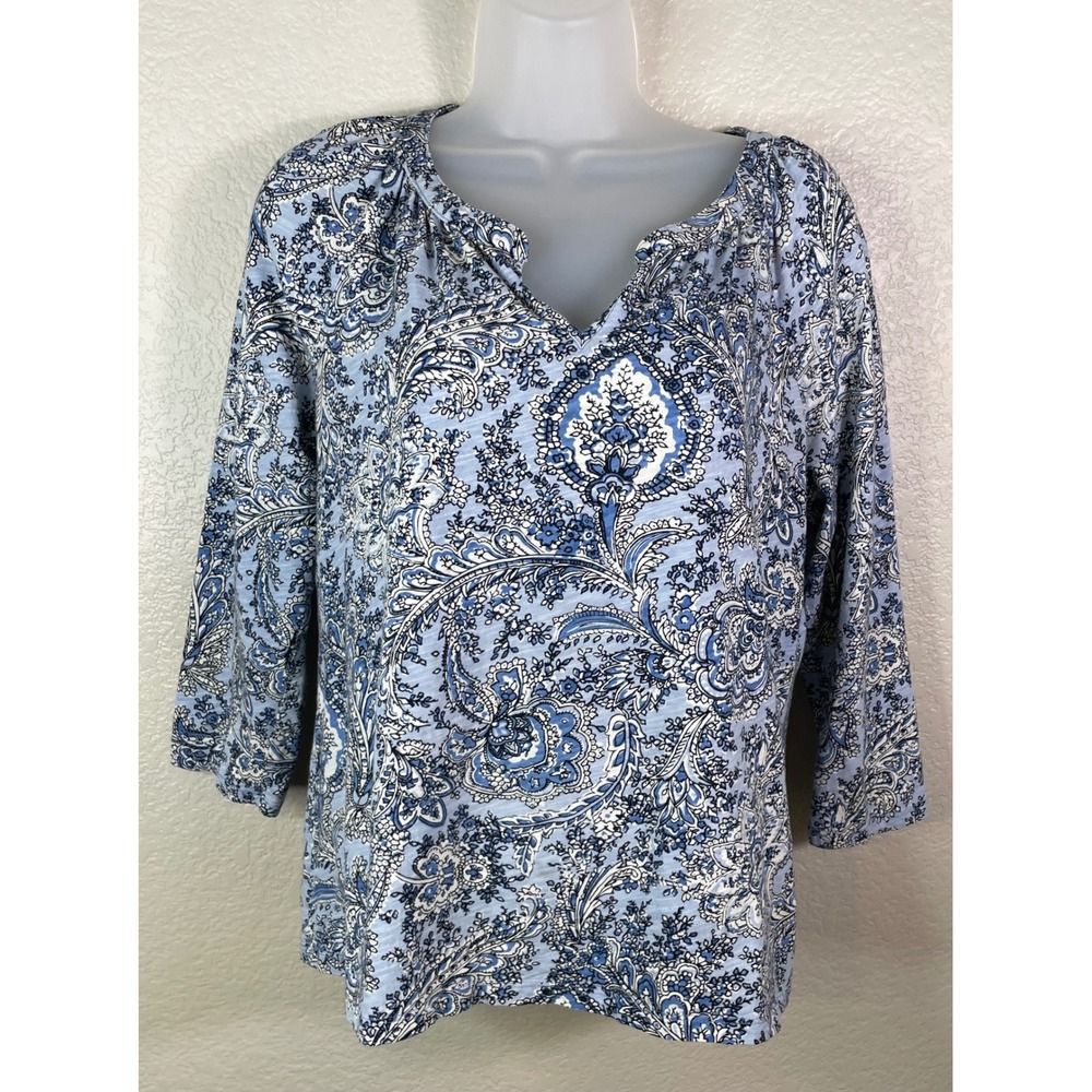Talbots Womens XL Petite Top Blue Paisley Cotton 3/4 Sleeve Split Neck Casual